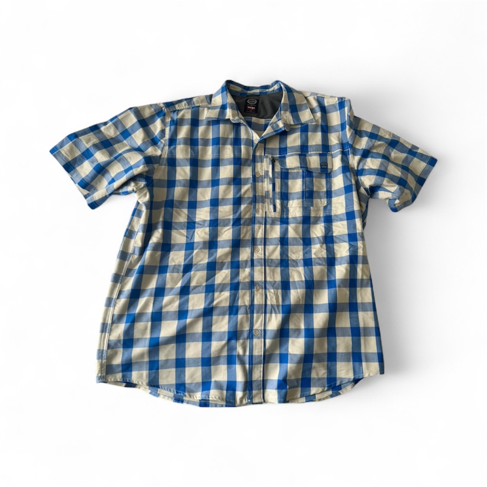 Men’s Wrangler Button Down ATG Blue and Cream Plaid Shirt